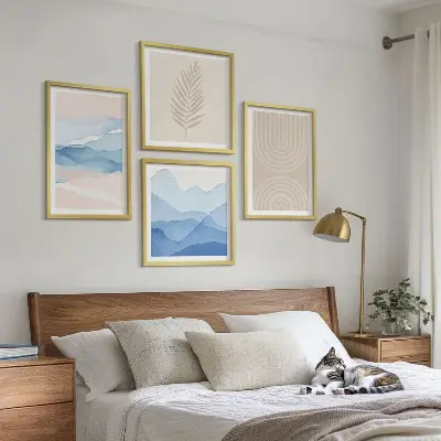 Ensemble de 4 tableaux feuilles ondulées beige et bleu