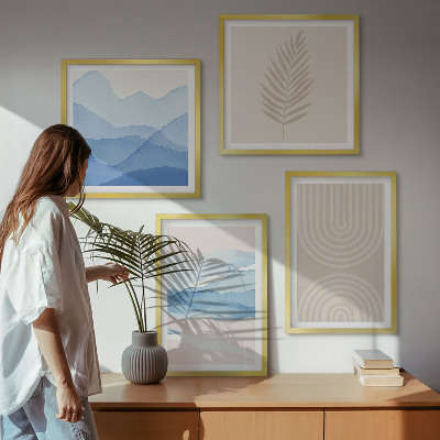 Ensemble de 4 tableaux Feuilles ondulées beige bleu