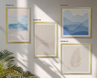 Ensemble de 4 tableaux Feuilles ondulées beige bleu
