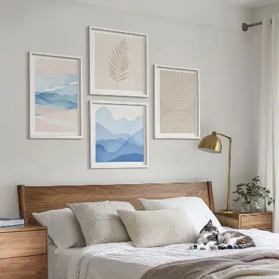 Ensemble de 4 tableaux feuilles ondulées beige et bleu