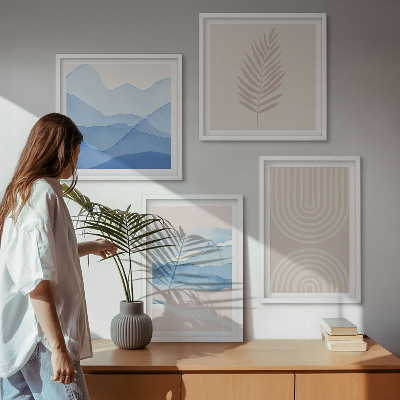 Ensemble de 4 tableaux Feuilles ondulées beige bleu