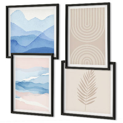 Ensemble de 4 tableaux Feuilles ondulées beige bleu