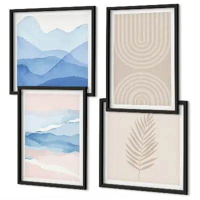 Ensemble de 4 tableaux feuilles ondulées beige et bleu