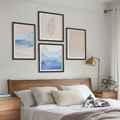 Ensemble de 4 tableaux Feuilles ondulées beige bleu