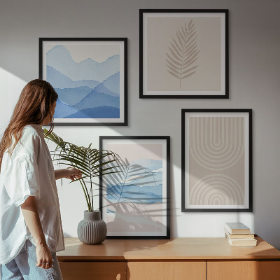 Ensemble de 4 tableaux Feuilles ondulées beige bleu