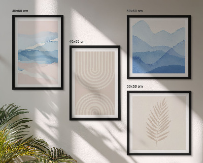 Ensemble de 4 tableaux Feuilles ondulées beige bleu