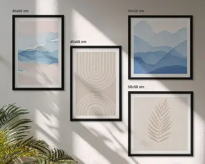 Ensemble de 4 tableaux feuilles ondulées beige et bleu