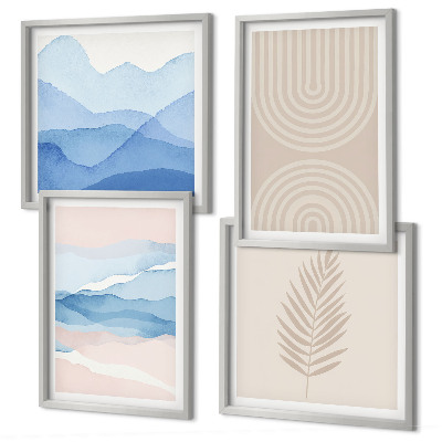 Ensemble de 4 tableaux Feuilles ondulées beige bleu