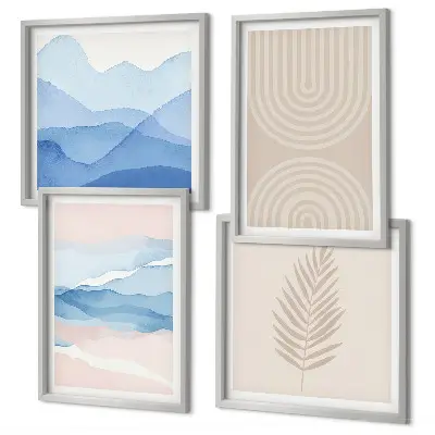 Ensemble de 4 tableaux feuilles ondulées beige et bleu