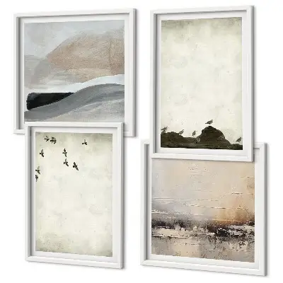 Ensemble de 4 tableaux représentant des oiseaux et des rochers avec des coups de pinceau décoratifs