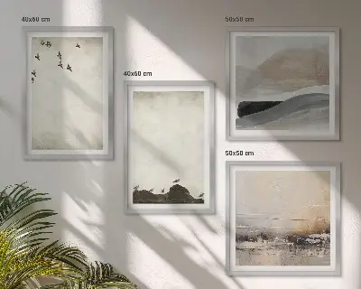 Ensemble de 4 tableaux représentant des oiseaux et des rochers avec des coups de pinceau décoratifs