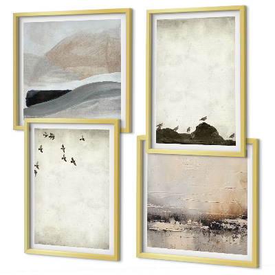 Ensemble de 4 tableaux Oiseaux, rochers, coups de pinceau, décorations