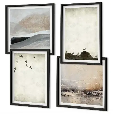 Ensemble de 4 tableaux représentant des oiseaux et des rochers avec des coups de pinceau décoratifs