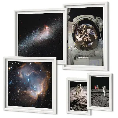 Ensemble de 5 tableaux représentant des astronautes atterrissant sur la Lune