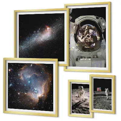 Ensemble de 5 tableaux représentant des astronautes atterrissant sur la Lune