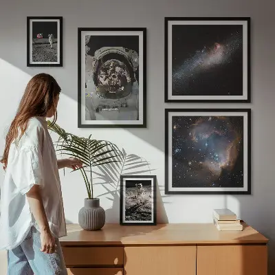 Ensemble de 5 tableaux représentant des astronautes atterrissant sur la Lune