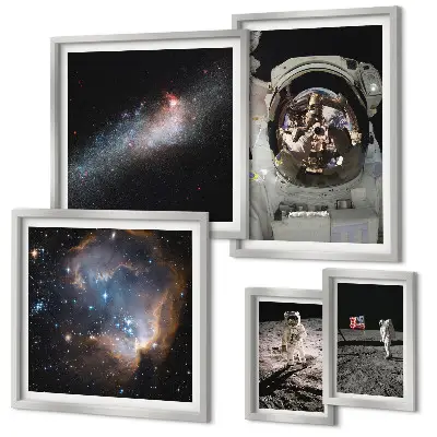 Ensemble de 5 tableaux représentant des astronautes atterrissant sur la Lune