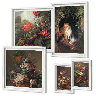 Ensemble de 5 tableaux Chats à fleurs style vintage