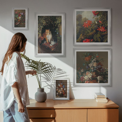 Ensemble de 5 tableaux Chats à fleurs style vintage