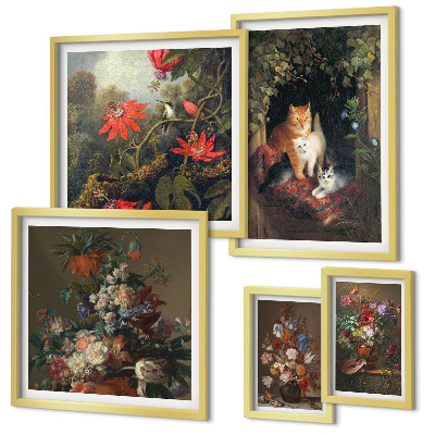 Ensemble de 5 tableaux Chats à fleurs style vintage