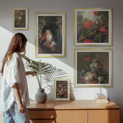 Ensemble de 5 tableaux représentant des chats à fleurs dans un style vintage