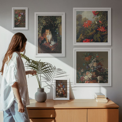 Ensemble de 5 tableaux Chats à fleurs style vintage