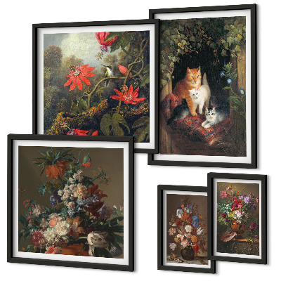 Ensemble de 5 tableaux Chats à fleurs style vintage