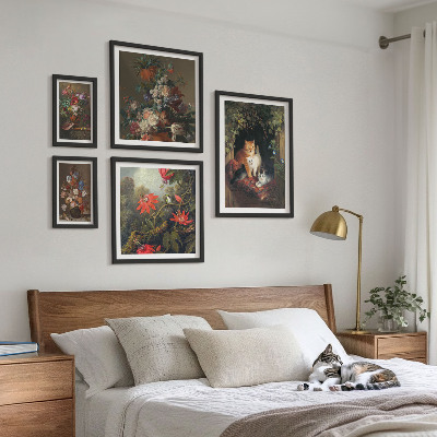 Ensemble de 5 tableaux Chats à fleurs style vintage