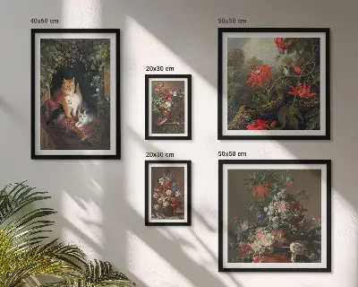 Ensemble de 5 tableaux représentant des chats à fleurs dans un style vintage