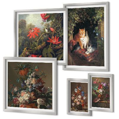 Ensemble de 5 tableaux Chats à fleurs style vintage