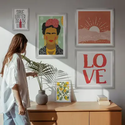 Lot de tableaux encadrés représentant une femme aux fleurs de style bohème