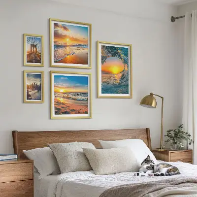 Tableau de décoration murale représentant des couchers de soleil sur la mer et des ponts de ville
