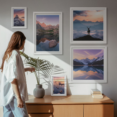 Lot de tableaux encadrés Reflets du coucher de soleil sur les montagnes