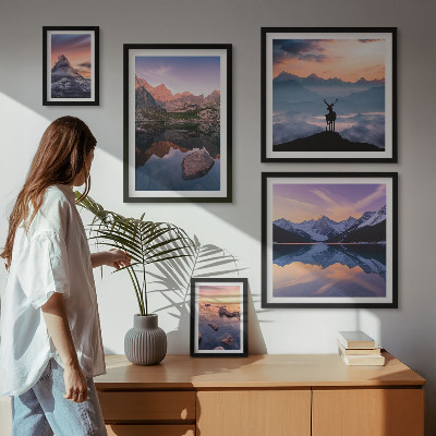 Lot de tableaux encadrés Reflets du coucher de soleil sur les montagnes