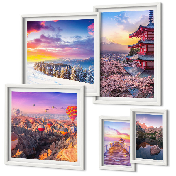Ensemble de 5 tableaux Montagnes et fleurs d'Asie