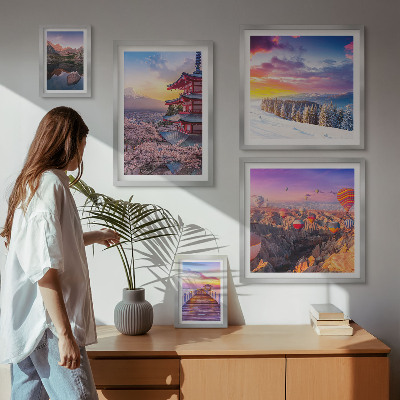 Ensemble de 5 tableaux Montagnes et fleurs d'Asie