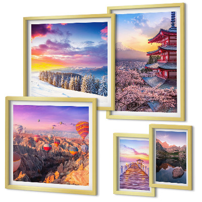 Ensemble de 5 tableaux Montagnes et fleurs d'Asie