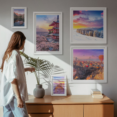 Ensemble de 5 tableaux Montagnes et fleurs d'Asie