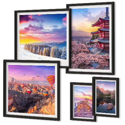 Ensemble de 5 tableaux Montagnes et fleurs d'Asie