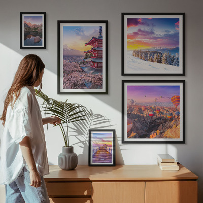 Ensemble de 5 tableaux Montagnes et fleurs d'Asie