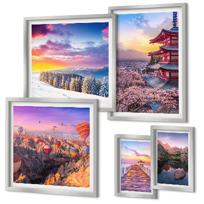 Ensemble de 5 tableaux Montagnes et fleurs d'Asie