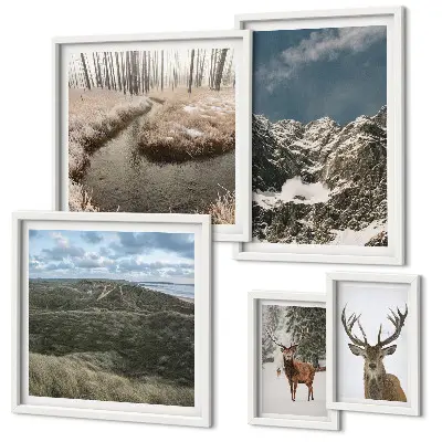 Ensemble de 5 tableaux représentant une nature sauvage avec des montagnes majestueuses