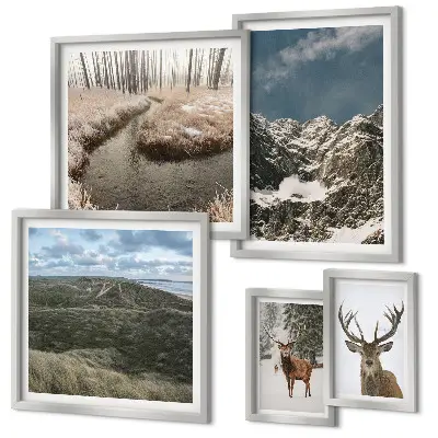Ensemble de 5 tableaux représentant une nature sauvage avec des montagnes majestueuses