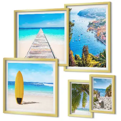 Ensemble de 5 tableaux représentant des paysages et plages du bord de mer