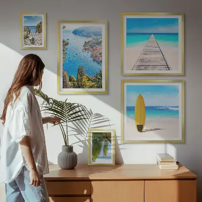 Ensemble de 5 tableaux représentant des paysages et plages du bord de mer
