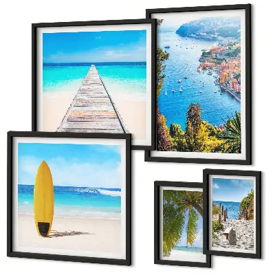 Ensemble de 5 tableaux représentant des paysages et plages du bord de mer