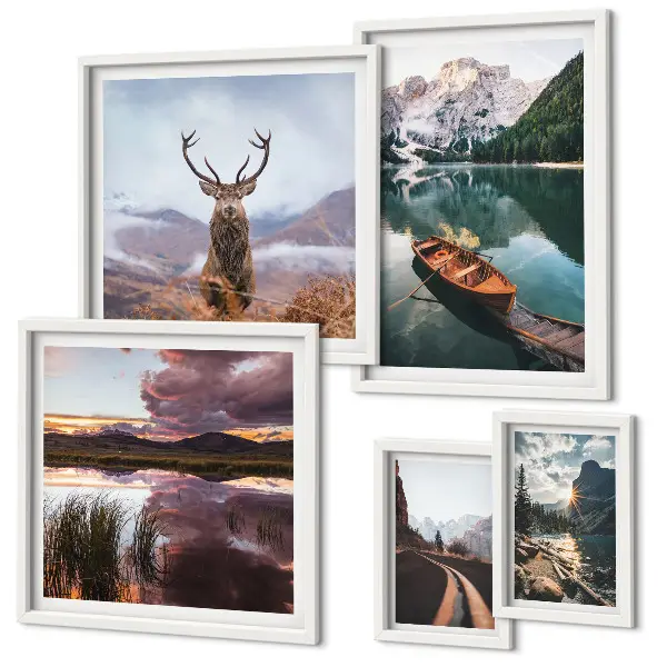 Lot de tableaux encadrés motifs de paysages de montagnes, lacs et nature