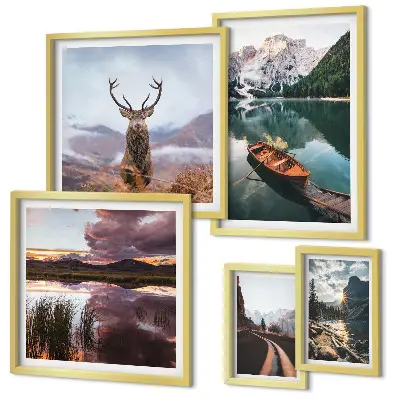 Lot de tableaux encadrés motifs de paysages de montagnes, lacs et nature