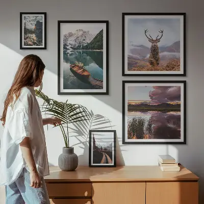 Lot de tableaux encadrés motifs de paysages de montagnes, lacs et nature