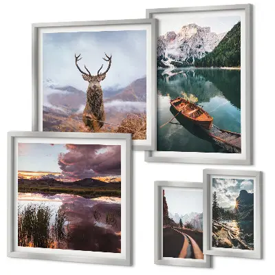 Lot de tableaux encadrés motifs de paysages de montagnes, lacs et nature